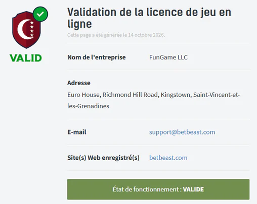 BetBeast Casino validation de la licence de jeu en ligne de FunGame LLC avec statut valide, adresse de l'entreprise et coordonnées de contact